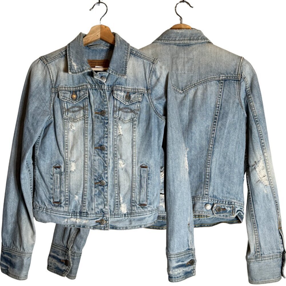 Y2K Abercrombie & Fitch Distressed Denim Jean Jacket Women's Medium Blue Retro